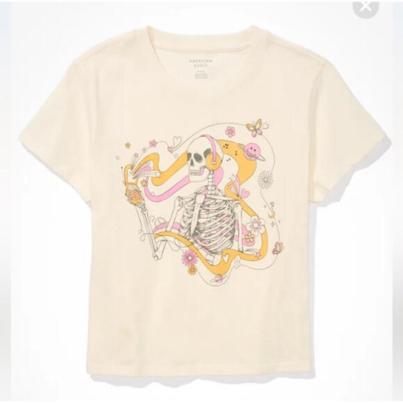 American Eagle Outfitters Tops - American Eagle Cream Oversized Halloween Skeleton Graphic T-Shirt- Size Large